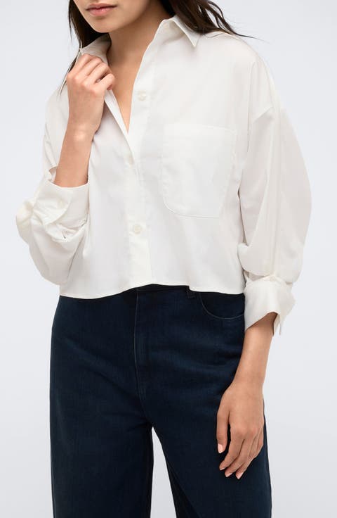 Crop Stretch Cotton Blend Button-Up Shirt