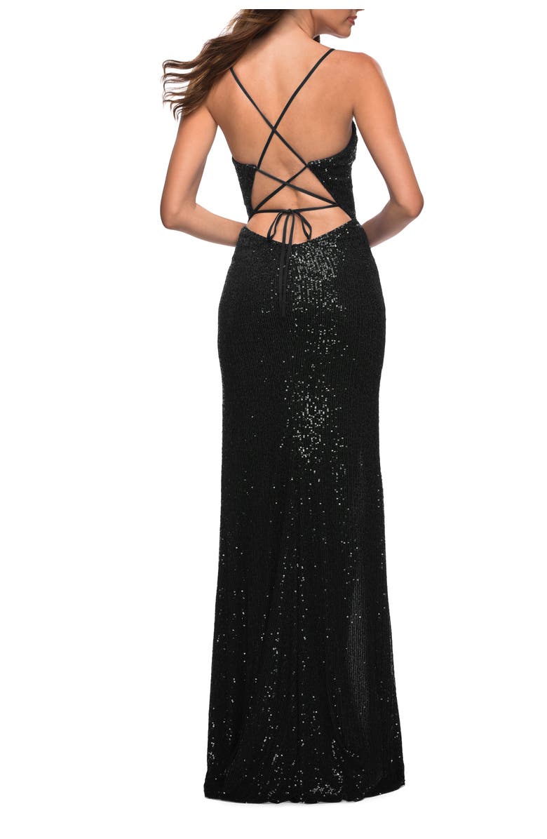 La Femme Sequin Gown with Deep V Neckline and Lace Up Back, Alternate, color, Black