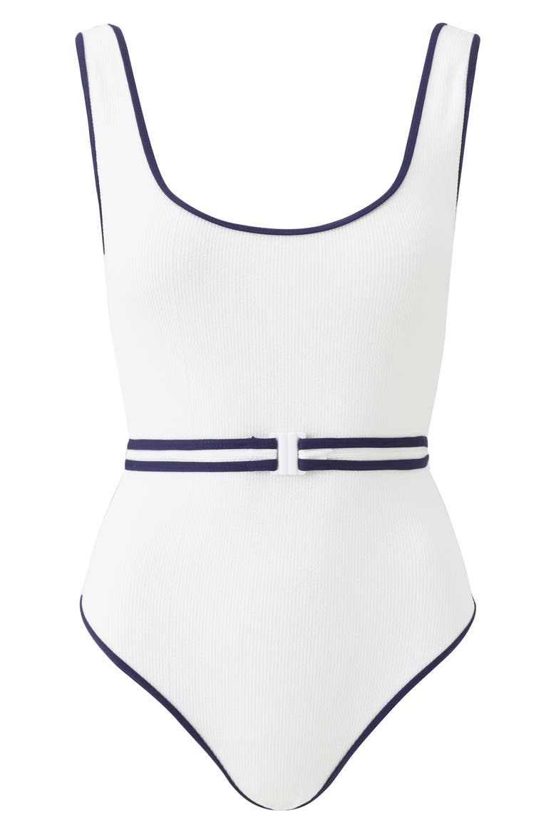Rio Belted Rib One-Piece Swimsuit, Alternate, color, WHITE RIDGES/ NAVY