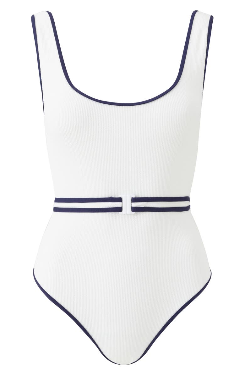 Melissa Odabash Rio Belted Rib One-Piece Swimsuit, Alternate, color, White Ridges/ Navy