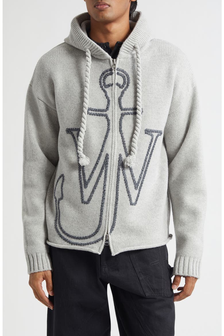 Anchor Embroidered Zip Hoodie Sweater, Main, color, LIGHT GREY MELANGE
