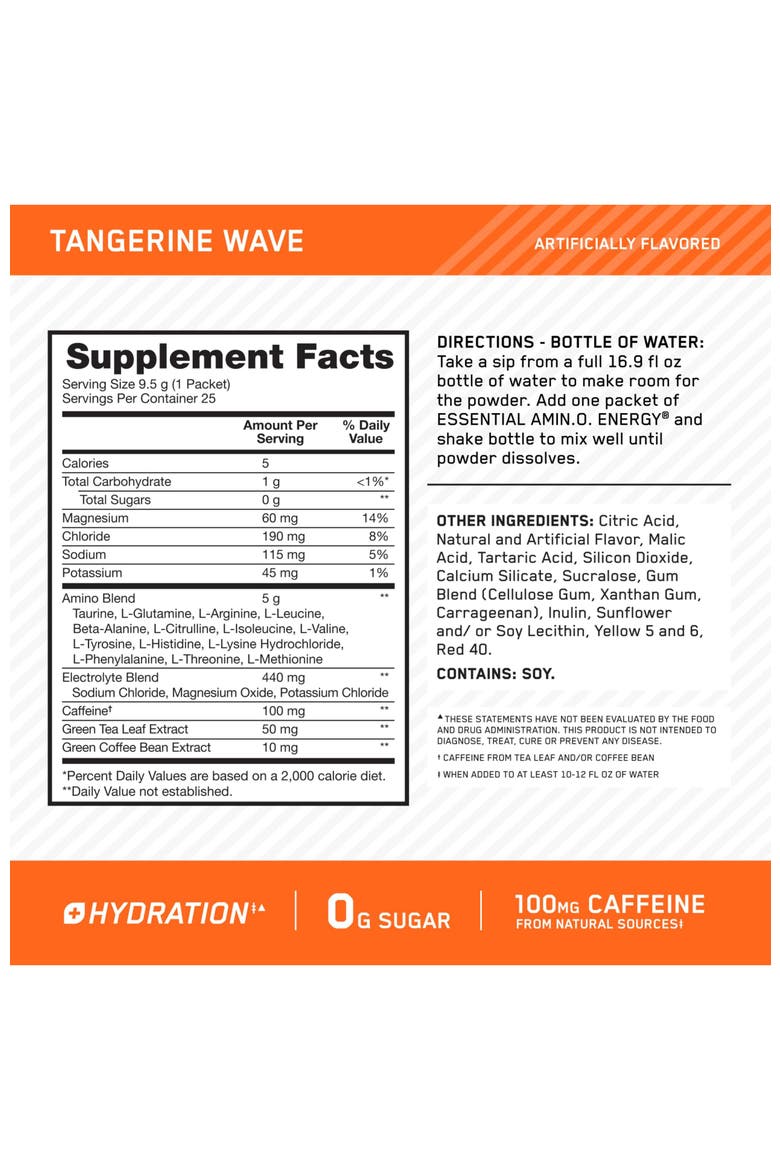 Amino Energy Hydration Powder Stick Packs for On-the-Go Energy and Hydration Support, Tangerine Wave Flavor, 25 Count, Alternate, color, None