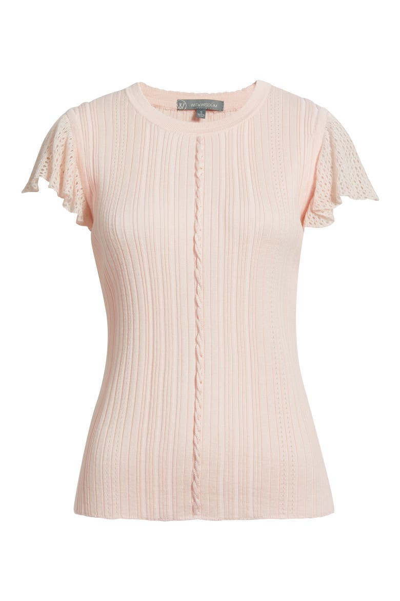 Pointelle Flutter Sleeve Sweater, Alternate, color, ANGEL PINK