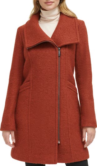 Kenneth Cole Asymmetric Zip Convertible Collar Bouclé Coat