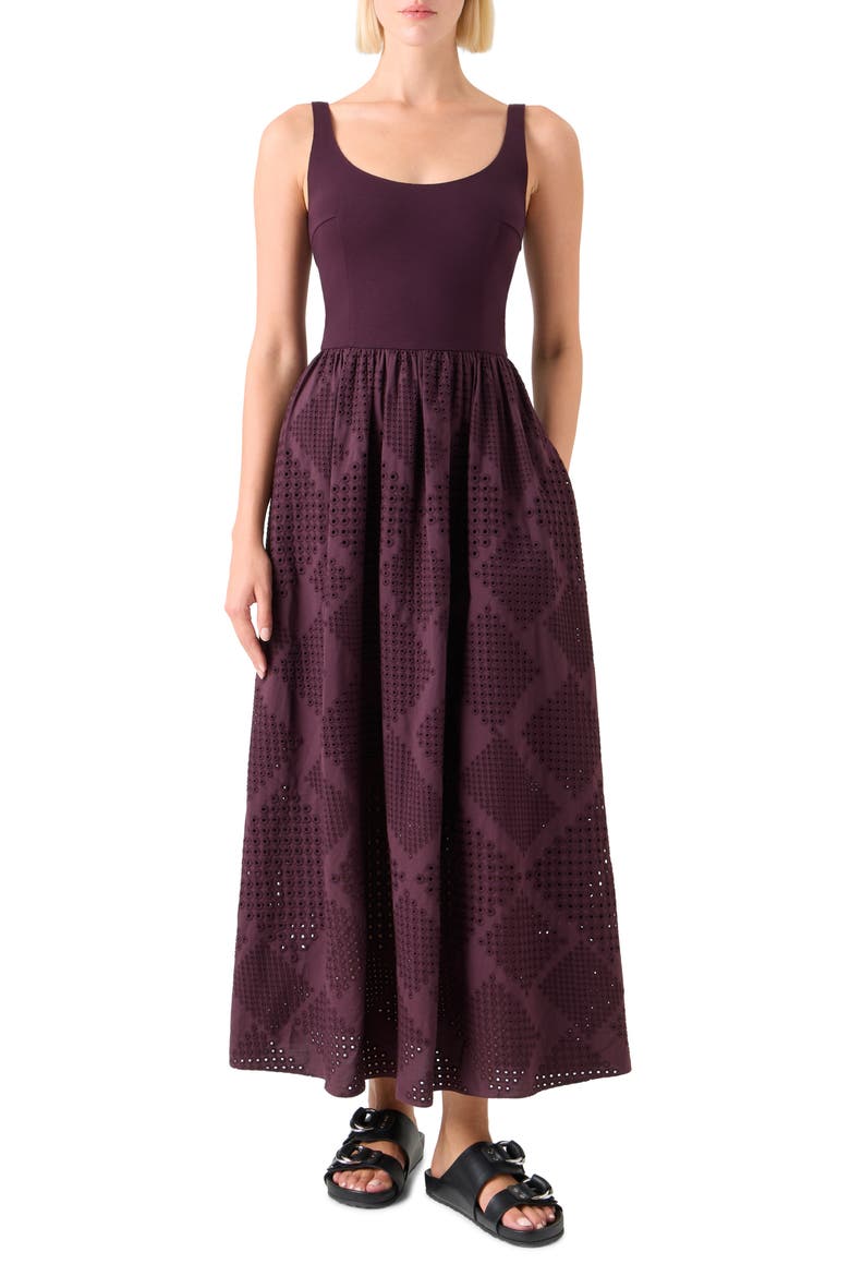 Mixed Media Diamond Eyelet Belted Midi Dress, Main, color, BLACKBERRY