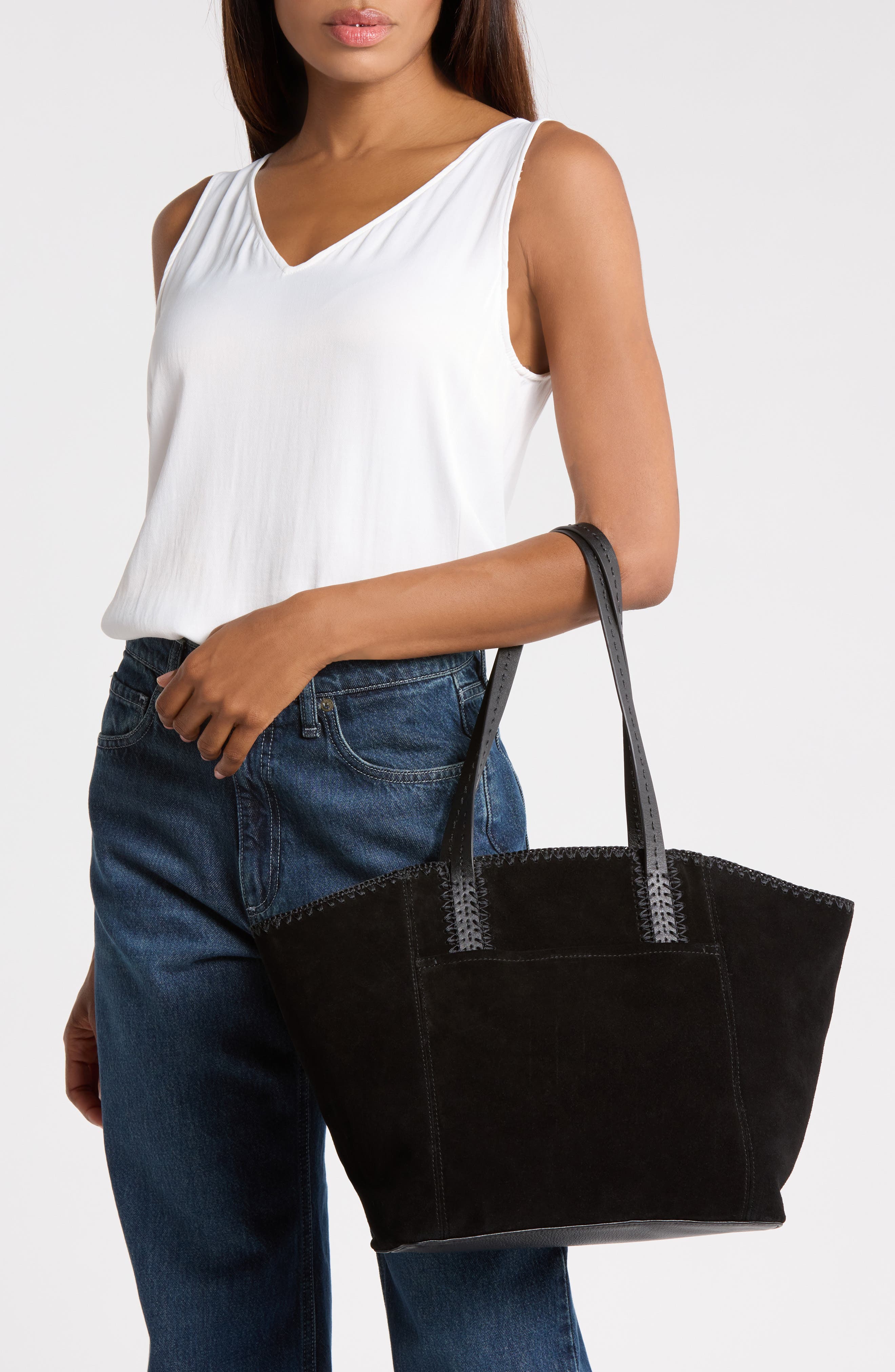 Paradise Leather Tote, Alternate, color, BLACK SUEDE