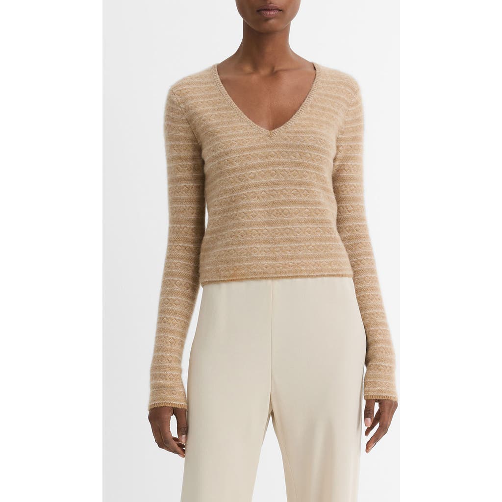 Shop Vince Fair Isle V-neck Cashmere Sweater In Sandshell Combo