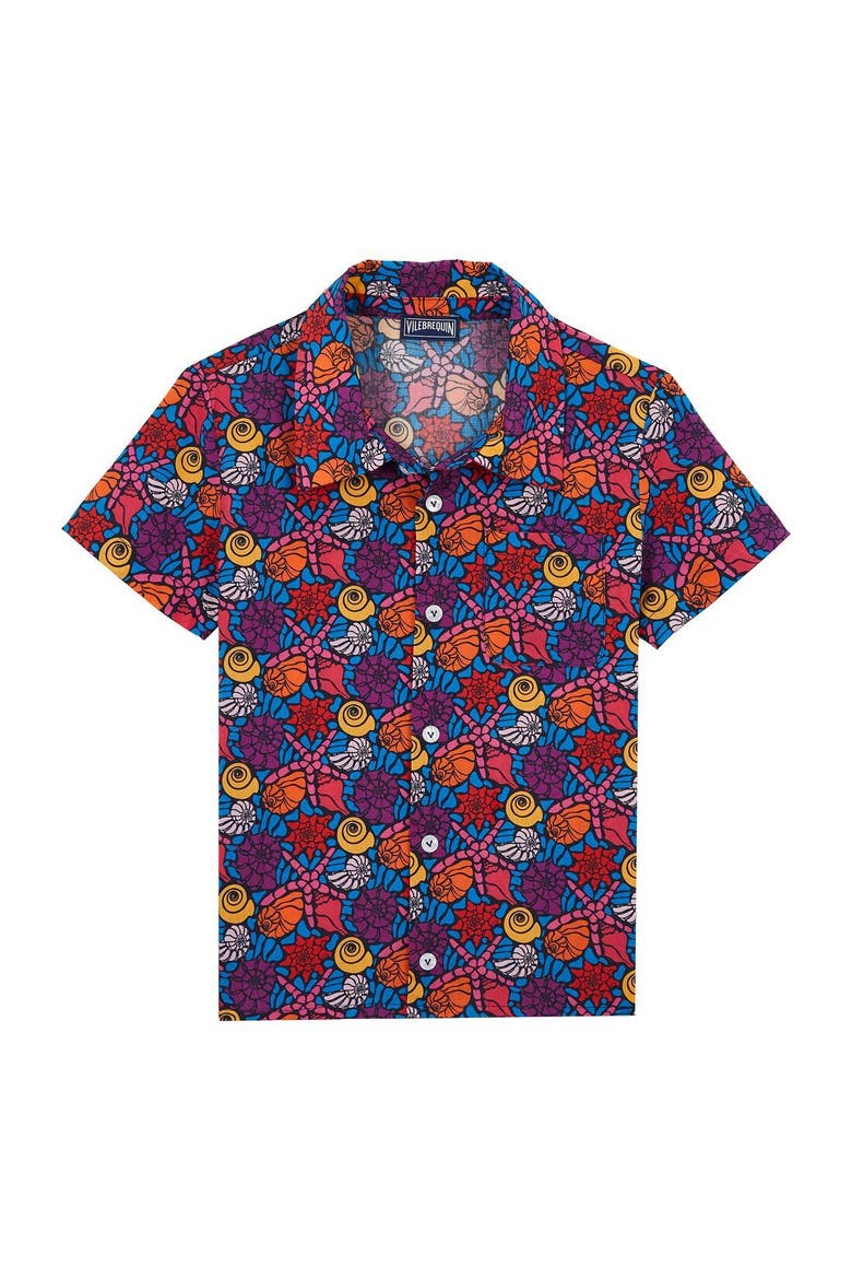 Kids' Sea Shells Cotton Bowling Shirt Noumea, Main, color, BLEU MARINE
