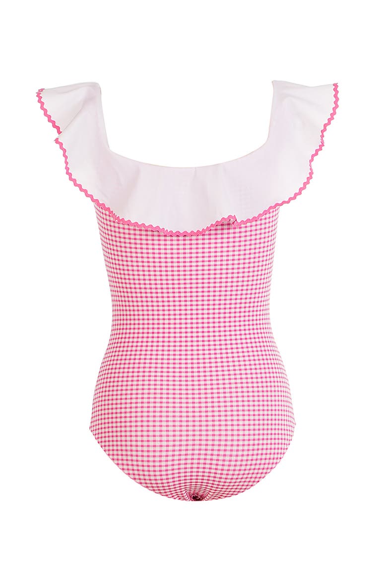 Off-Shoulder Gingham Ruffled with Bow One-Piece Swimsuit, Alternate, color, White-Red