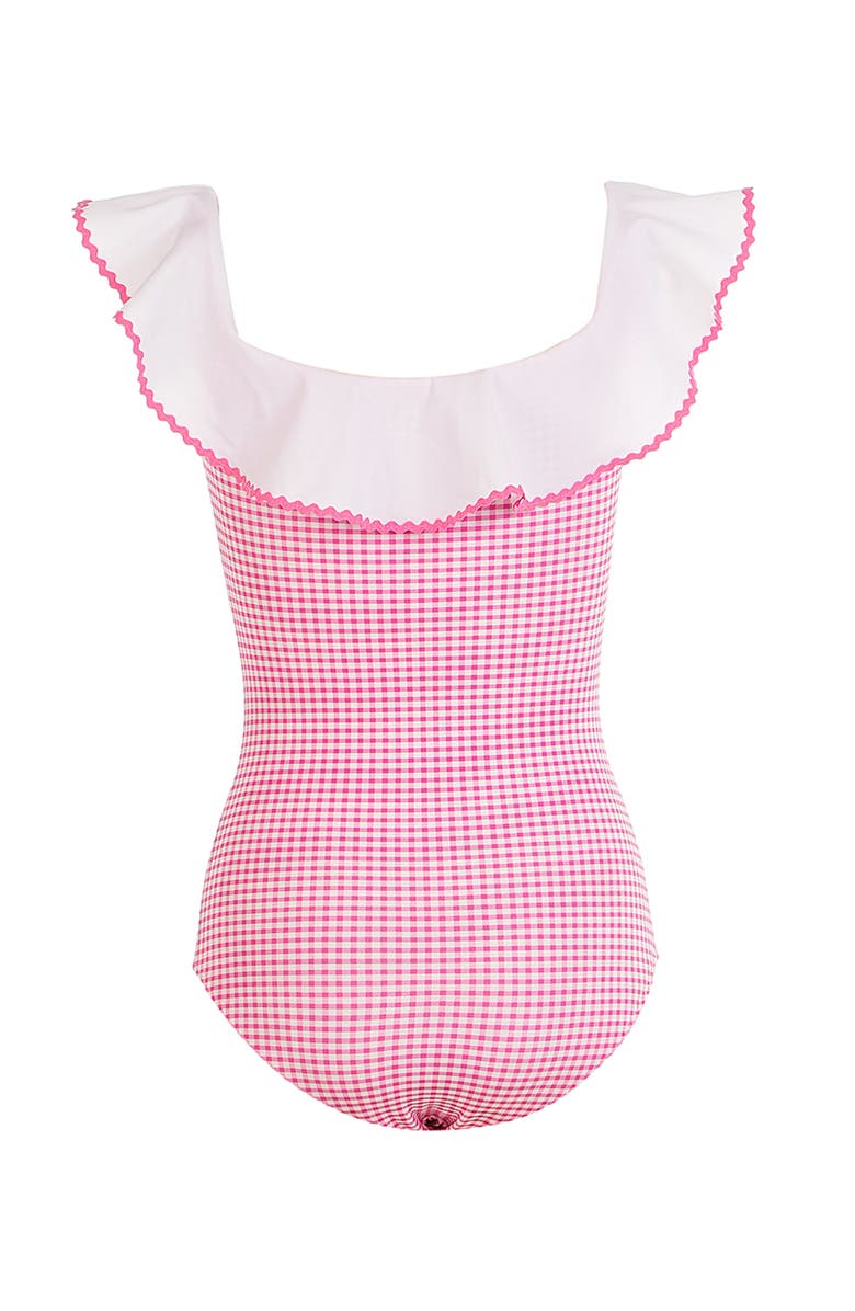 NESSI BYRD Off-Shoulder Gingham Ruffled with Bow One-Piece Swimsuit, Alternate, color, White-Red