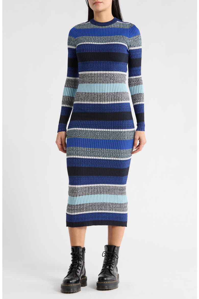 Stripe Long Sleeve Ribbed Sweater Dress, Main, color, DARK BLUE