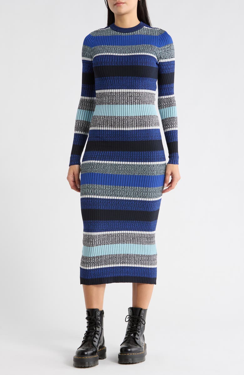 Desigual Stripe Long Sleeve Ribbed Sweater Dress, Main, color, Dark Blue