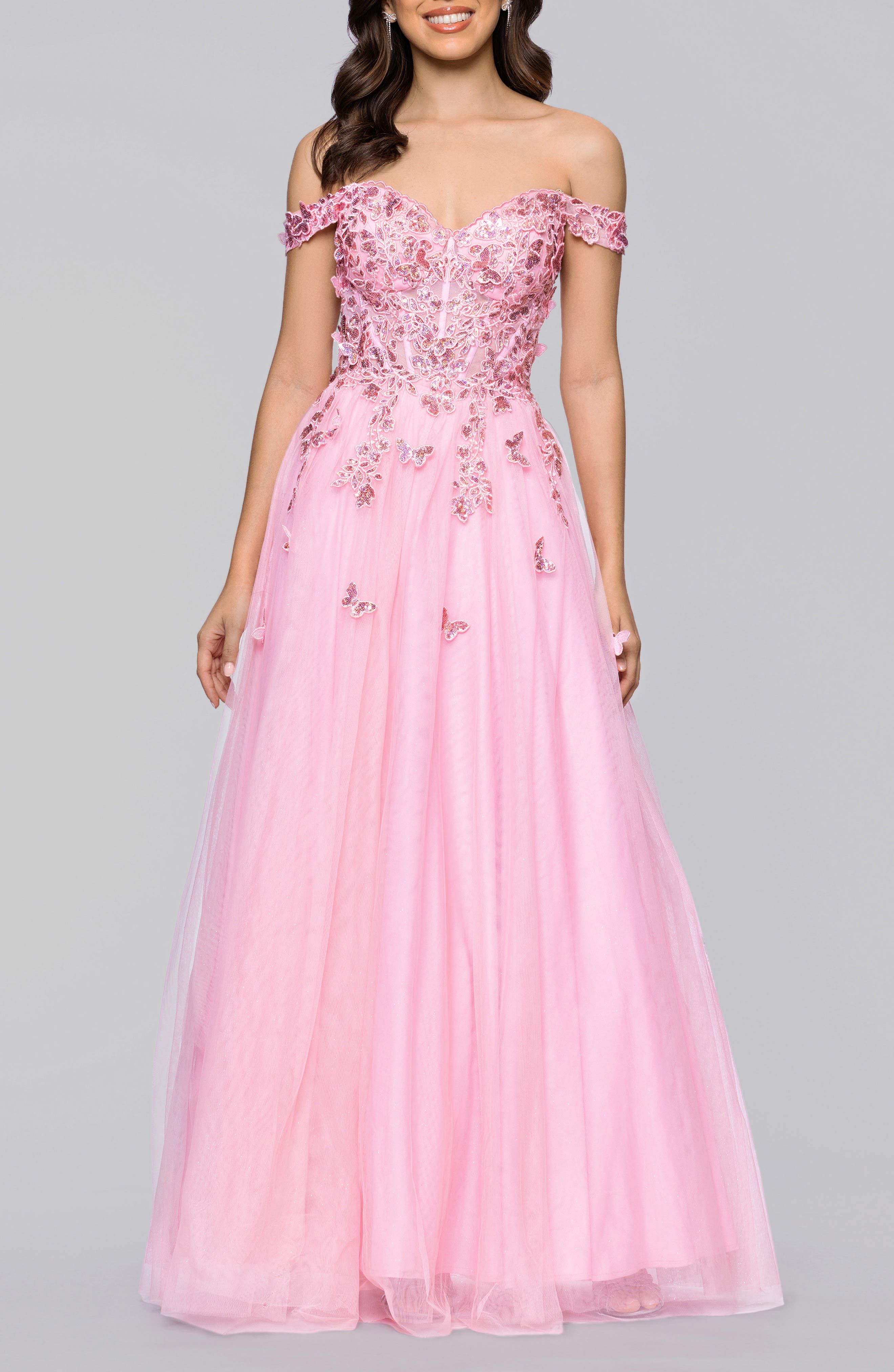 Blondie Nites Off The Shoulder Sequin 3d Embellished Tulle Gown In Pink