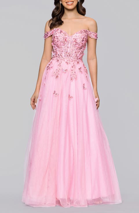 Off the Shoulder Sequin 3D Embellished Tulle Gown