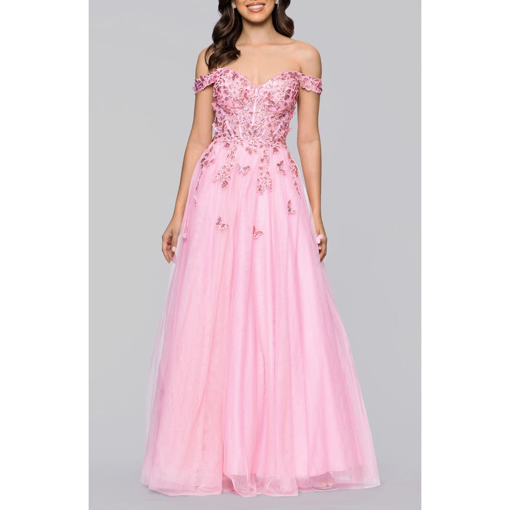 Blondie Nites Off The Shoulder Sequin 3d Embellished Tulle Gown In Pink