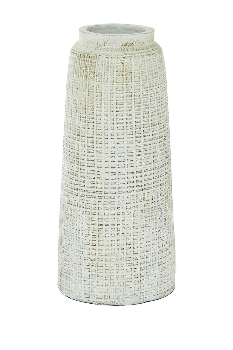White Ceramic Carved Vase with Crosshatch Design, Alternate, color, WHITE