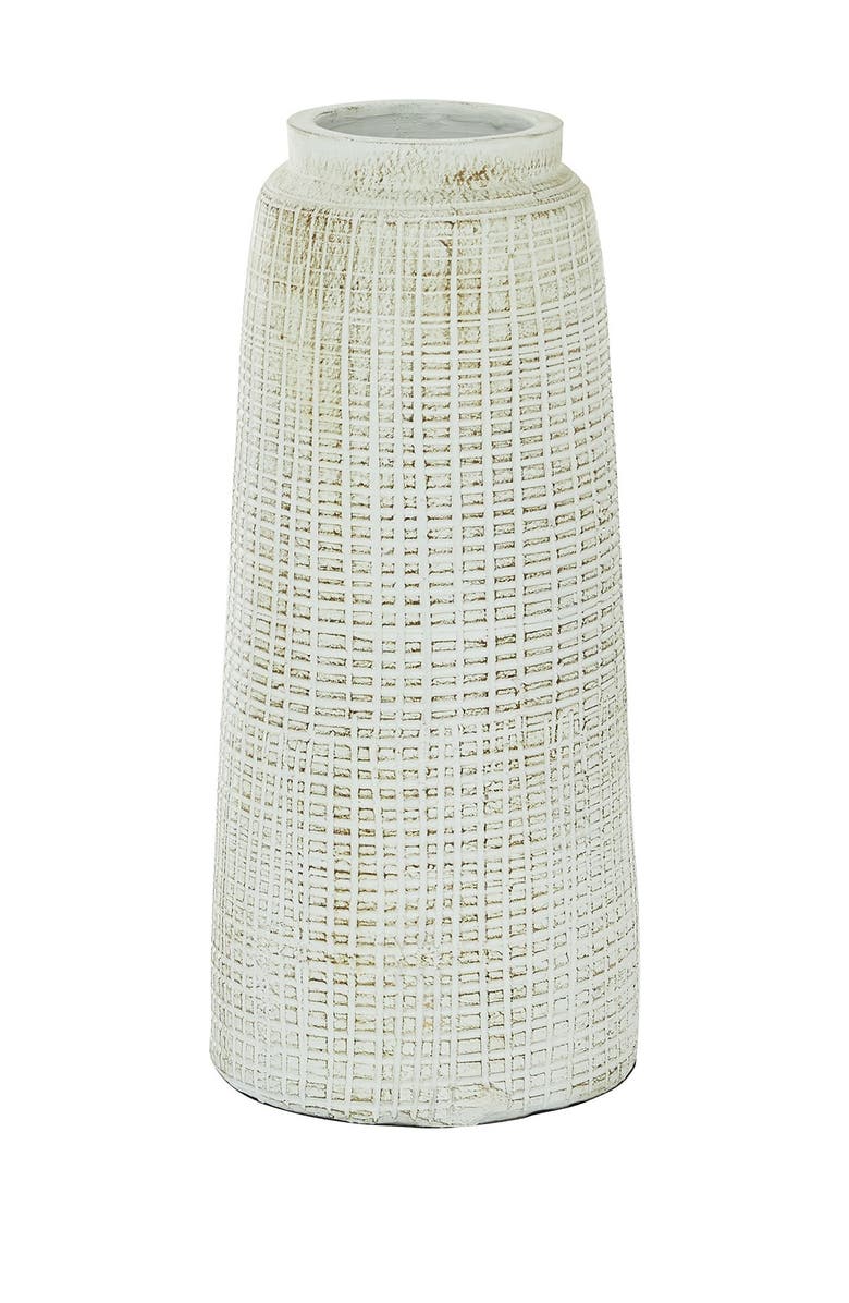 GINGER BIRCH STUDIO White Ceramic Carved Vase with Crosshatch Design, Alternate, color, 