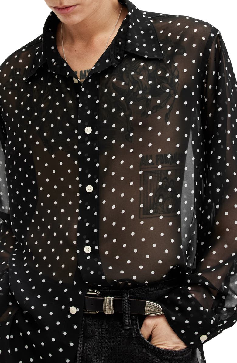 AllSaints Sangha Polka Dot Sheer Button-Up Shirt, Alternate, color, 