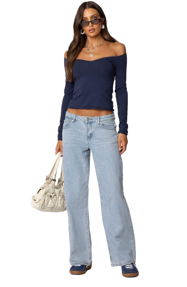 EDIKTED Nattie Off the Shoulder Long Sleeve Top, Alternate, color, Navy