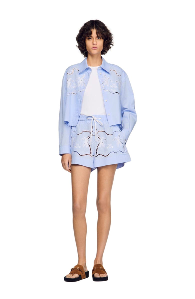 SANDRO Embroidered cotton shorts, Alternate, color, Sky Blue