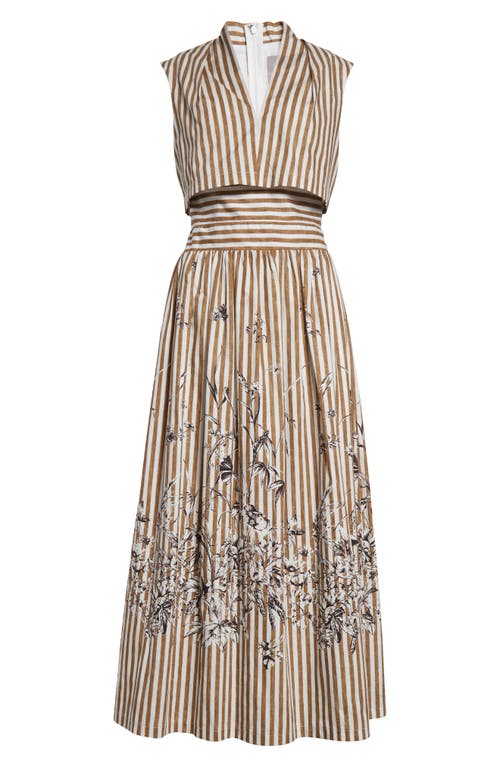 Lela Rose Floral Stripe V-neck Cotton Dress In Walnut