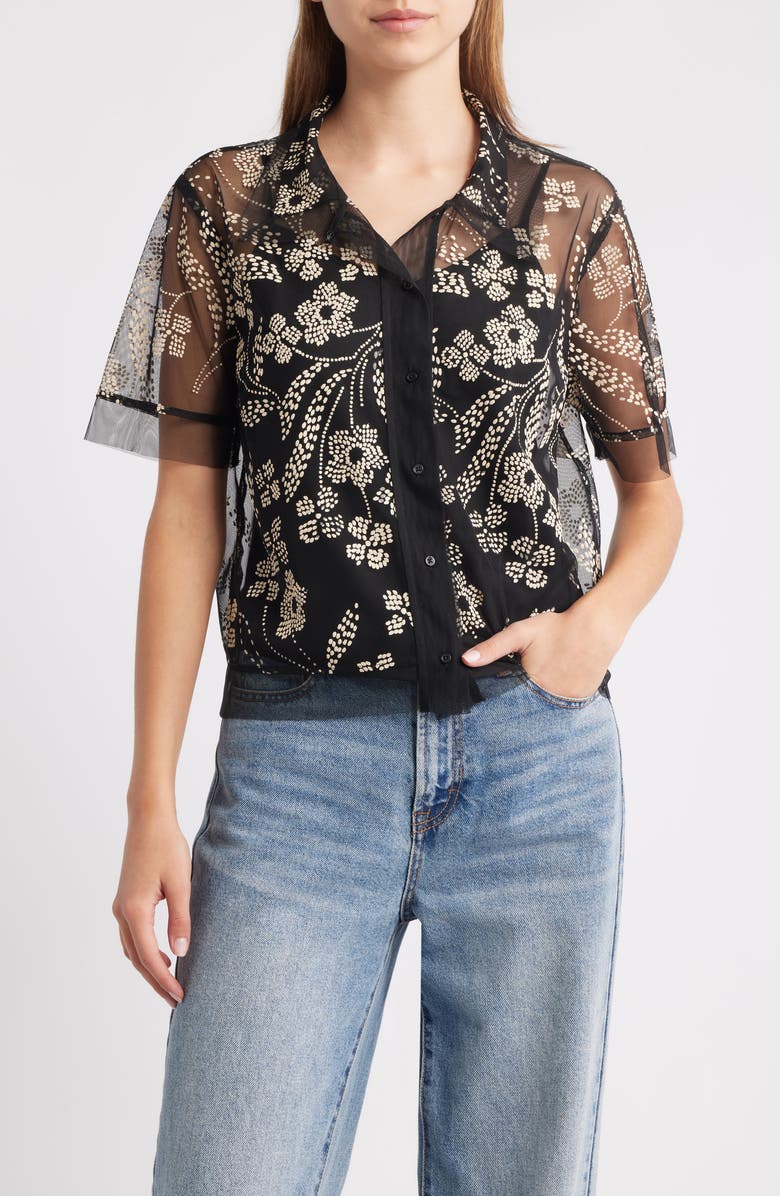 THE GREAT. The Cotillion Embroidered Tulle Short Sleeve Button-Up Shirt, Main, color, Brocade Floral