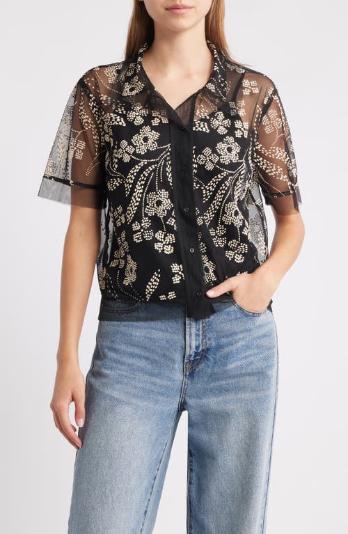 The Great . The Cotillion Embroidered Tulle Short Sleeve Button-up Shirt In Black