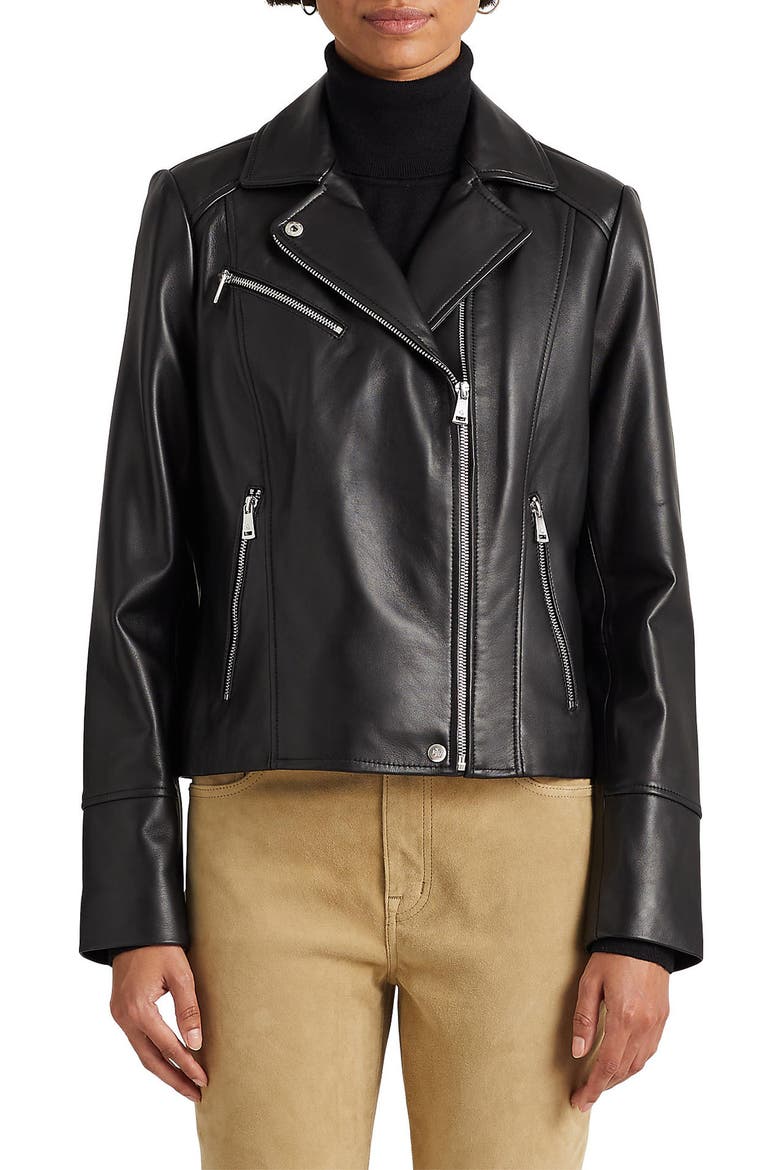Asymmetric Leather Moto Jacket, Main, color, BLACK