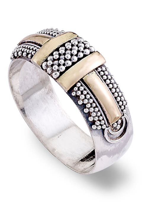 Sterling Silver & 18K Yellow Gold Beaded Design Band Ring