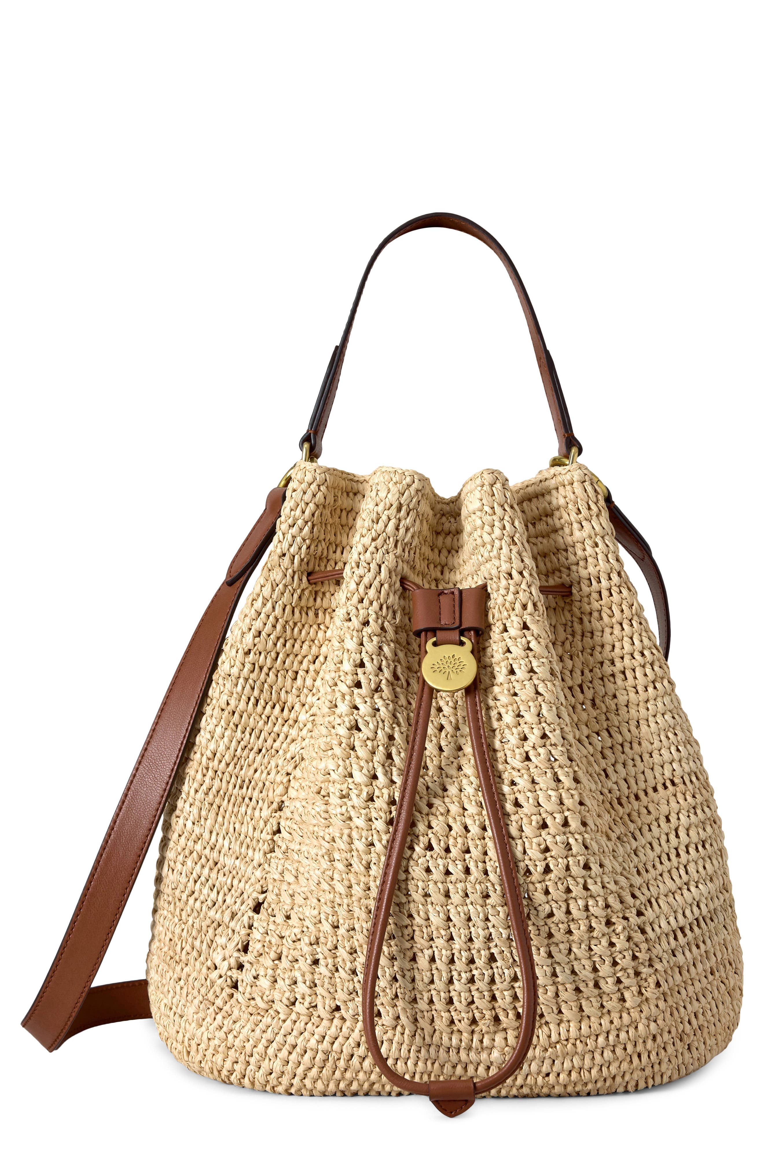 Mulberry Crochet Raffia Bucket Bag, Main, color, Natural