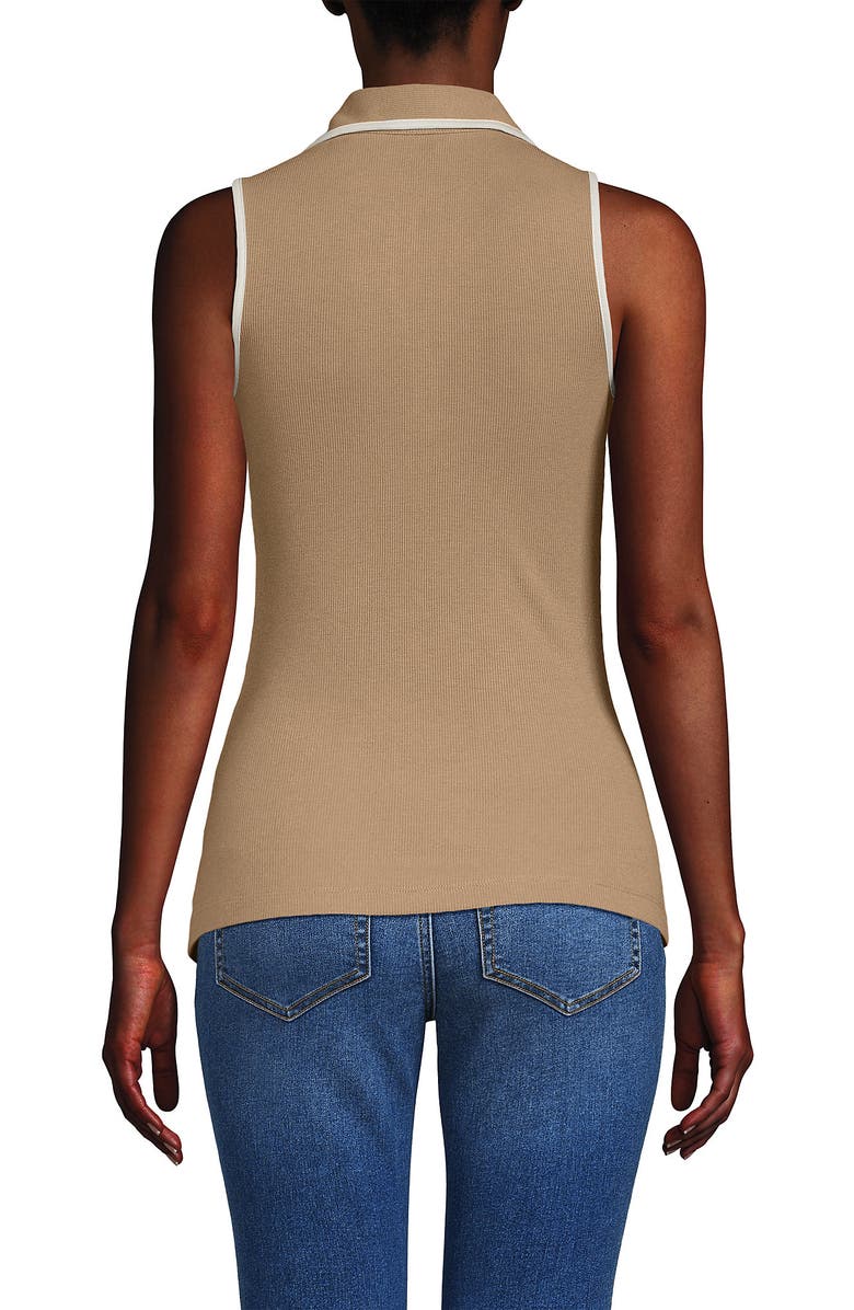 Lands' End Drapey Rib Sleeveless Johnny Collar Polo Shirt, Alternate, color, Rich Camel