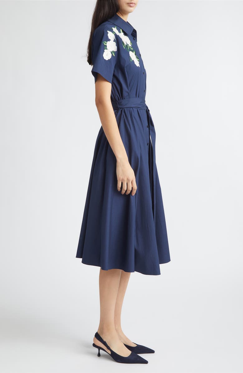 Carolina Herrera Floral Embroidered Midi Stretch Cotton Shirtdress, Alternate, color, Midnight