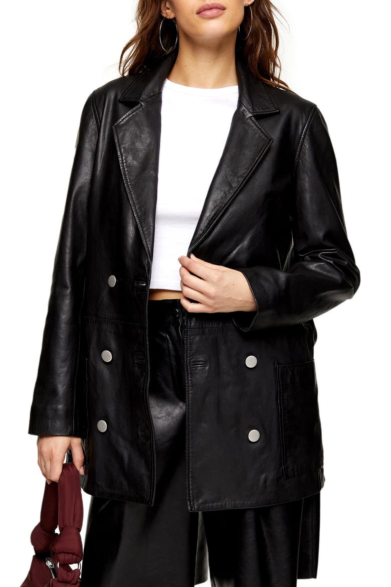 Jay Double Breasted Leather Boyfriend Blazer, Main, color, BLACK
