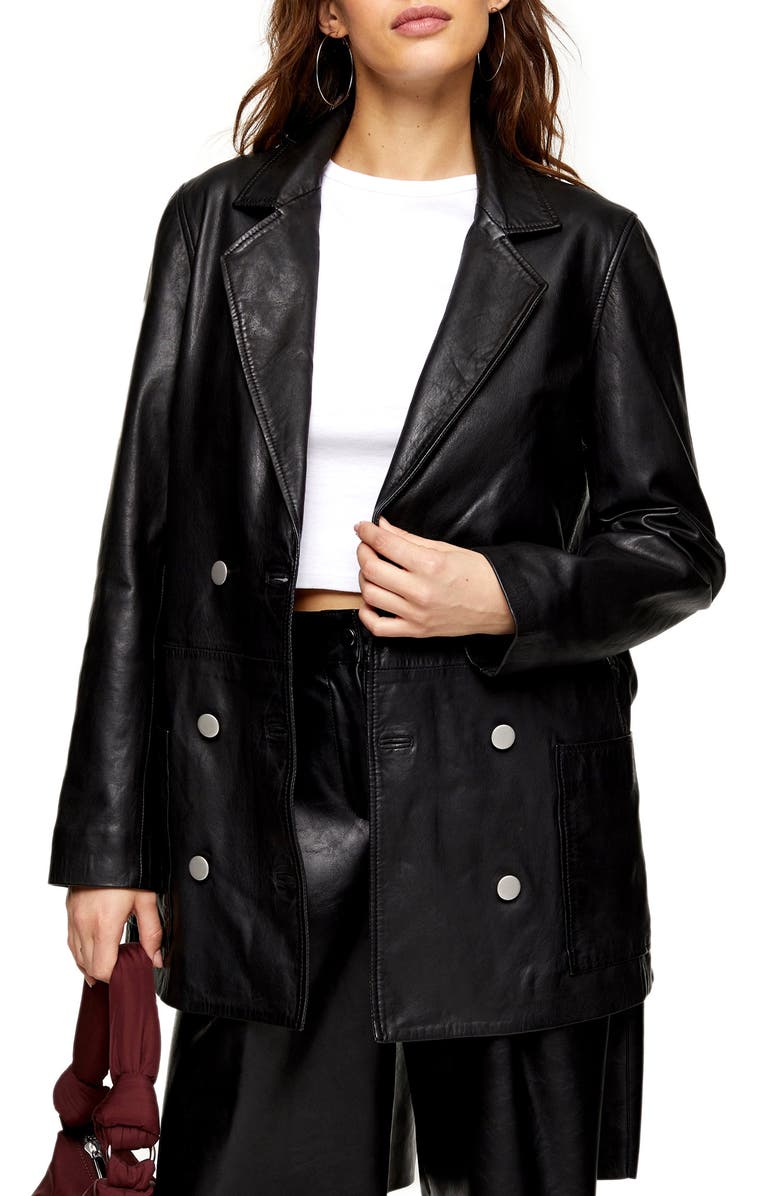 Topshop Jay Double Breasted Leather Boyfriend Blazer, Main, color,