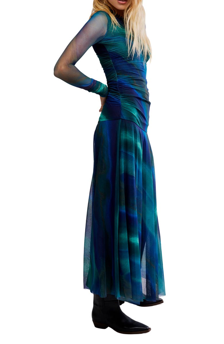 Free People Sunnei Long Sleeve Mesh Dress, Alternate, color, Deep Ocean Combo