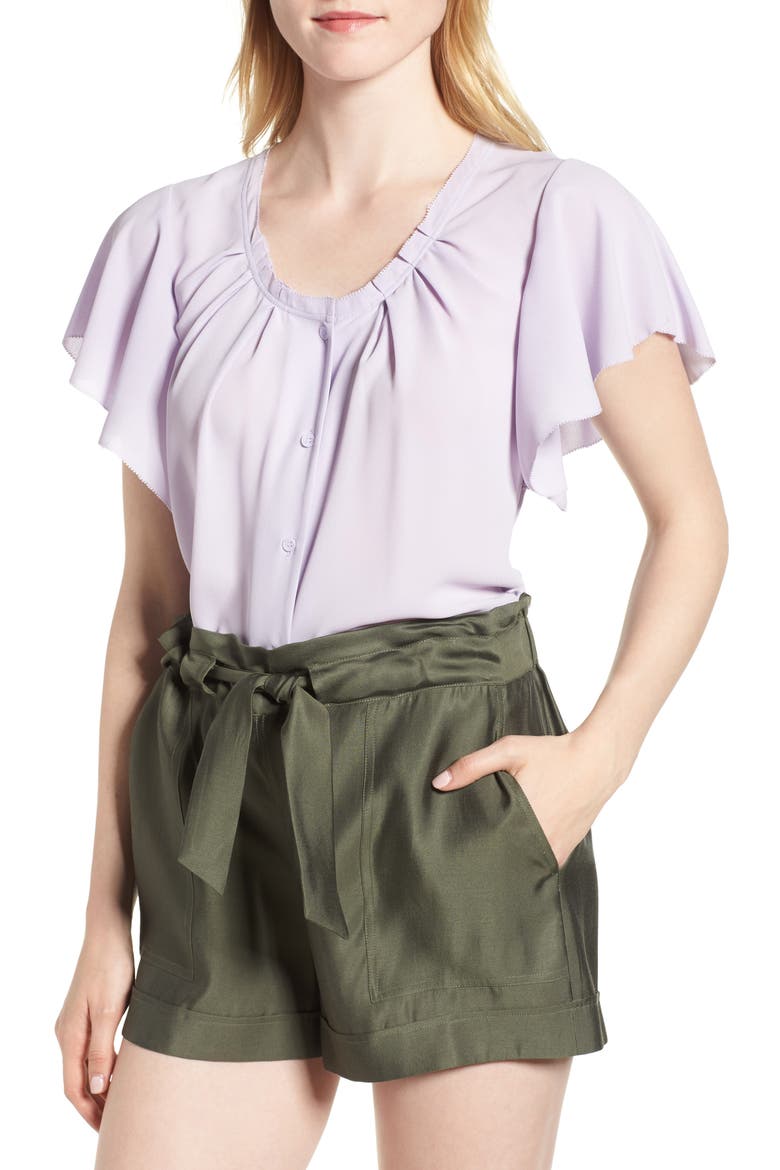 Pleated Flutter Sleeve Top, Main, color, PURPLE PETAL
