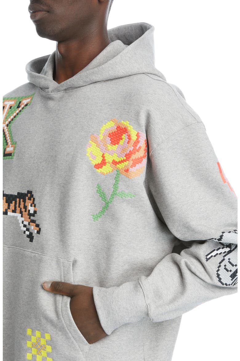 Oversize Embroidered Pixel Stretch Cotton Hoodie, Alternate, color, PEARL GREY