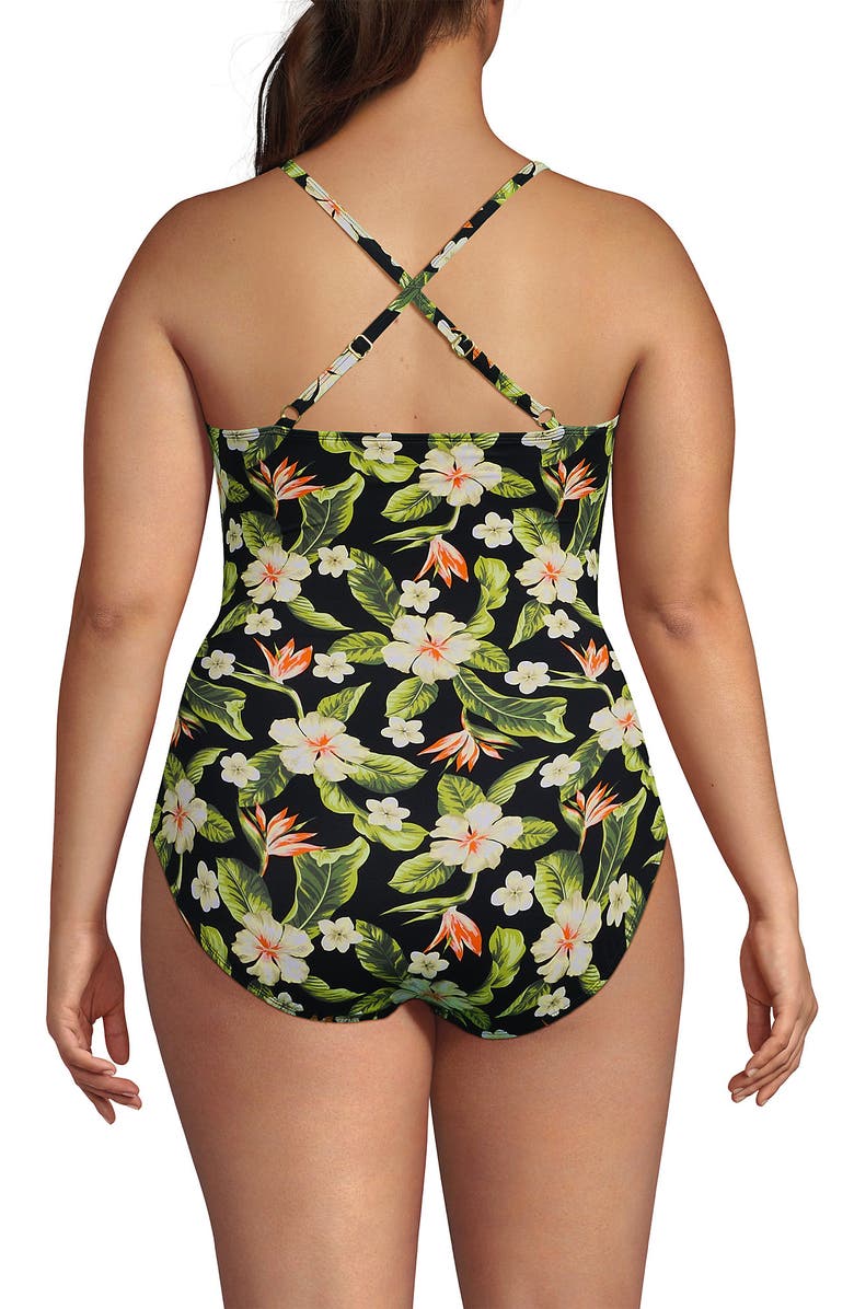 Lands' End Plus Size Slender Suit Pleated Low Leg One Piece Swimsuit, Alternate, color, Hibiscus Floral/Black