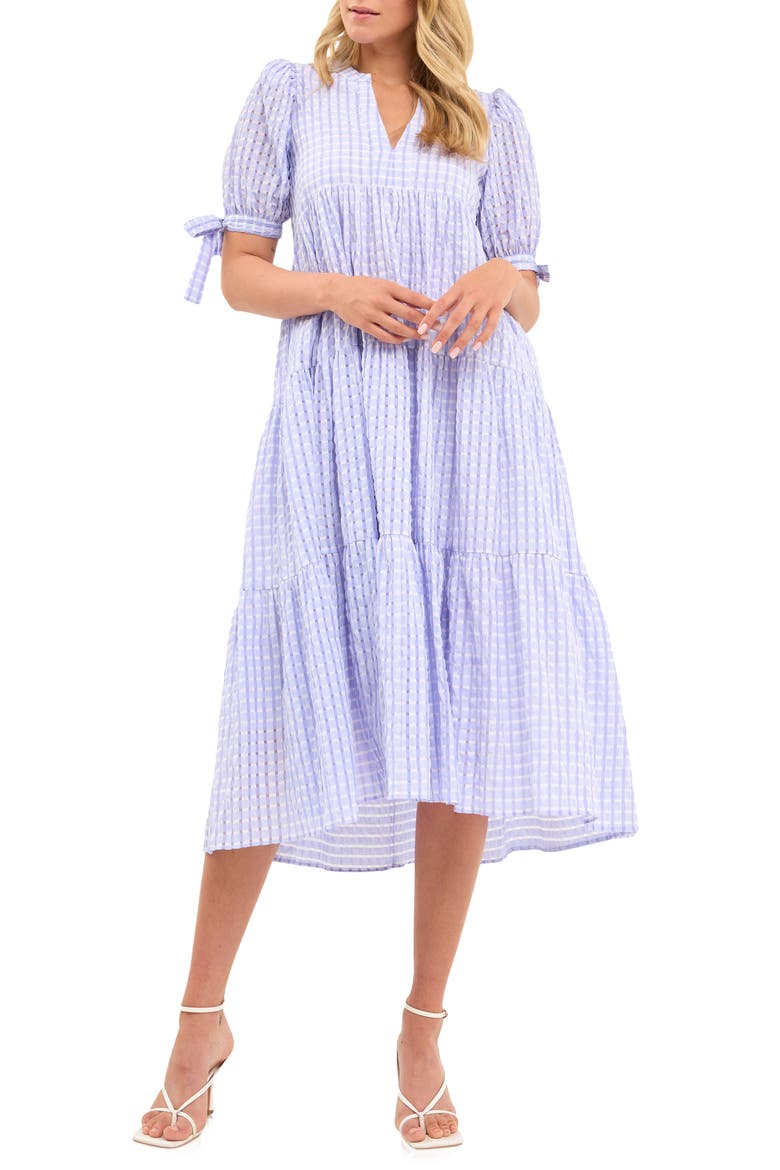 Gingham Tiered Midi Dress, Main, color, LAVENDER