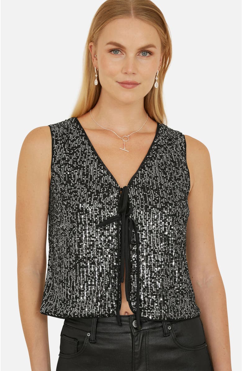 Yumi Sequin Tie Front Waistcoat Top, Alternate, color, Black