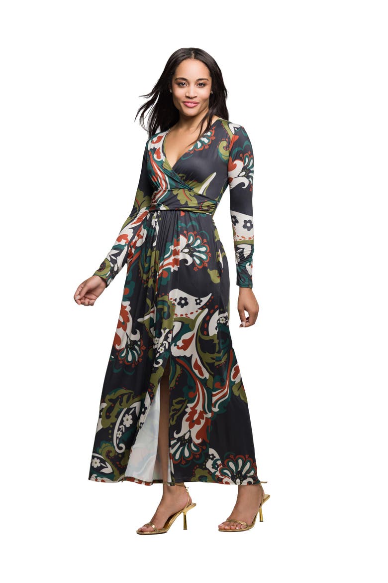 Paisley Print Long Sleeve Wrap Maxi Dress, Alternate, color, Green Multi