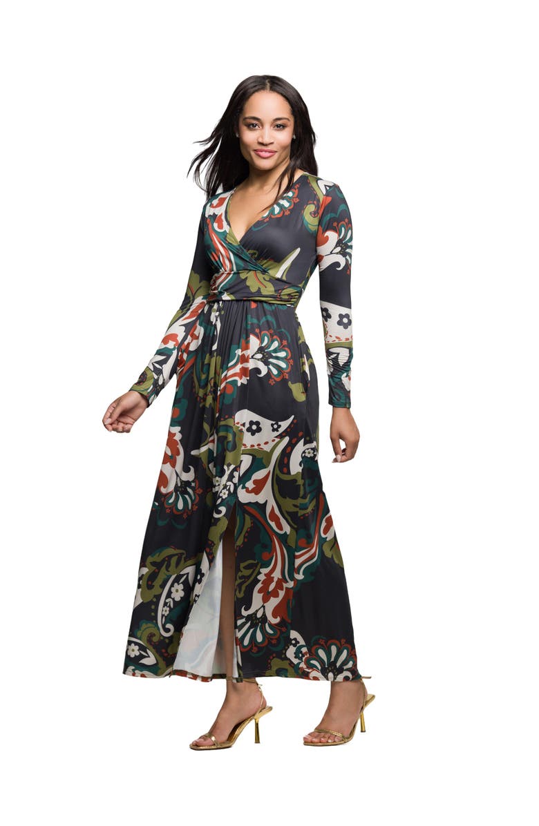 24seven Comfort Apparel Paisley Print Long Sleeve Wrap Maxi Dress, Alternate, color, Green Multi