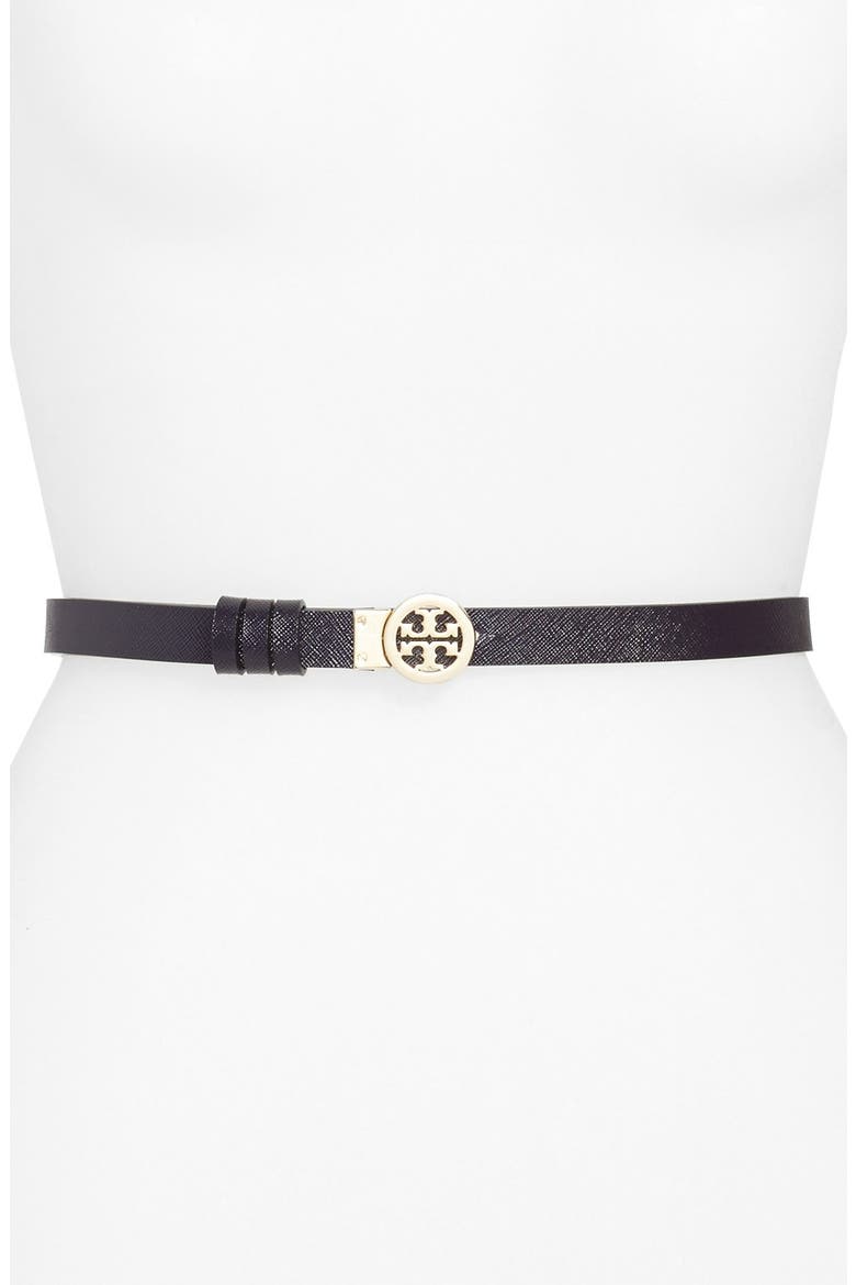 Rotating Logo Skinny Leather Belt, Alternate, color, FRENCH GREY/ TORY NAVY