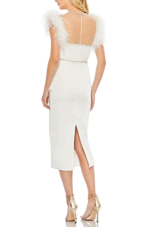 Mac Duggal Feather Cap Sleeve Pearl Embellished Midi Dress In White