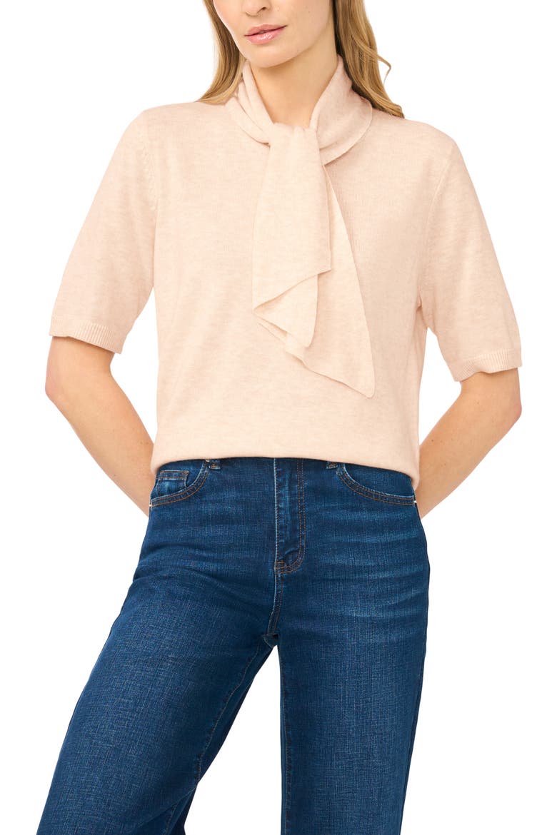 Tie Neck Short Sleeve Sweater, Main, color, FRENCH TAUPE