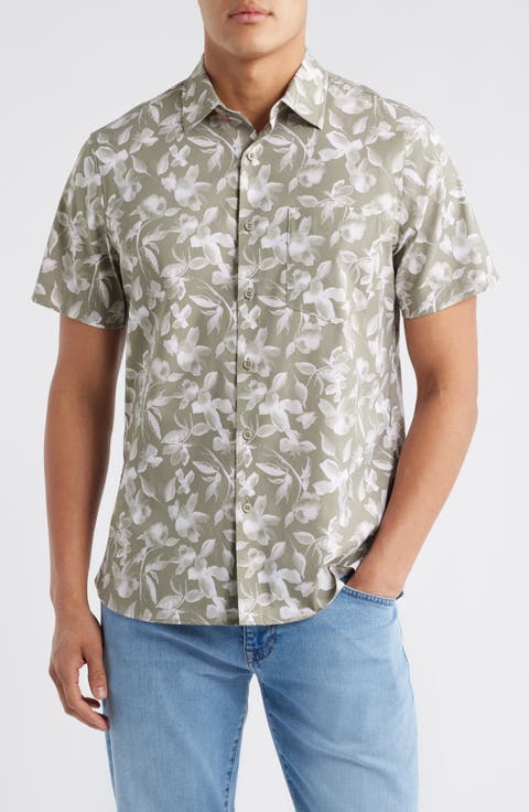 Leaf Print Short Sleeve Stretch Cotton Blend Button-Up Shirt
