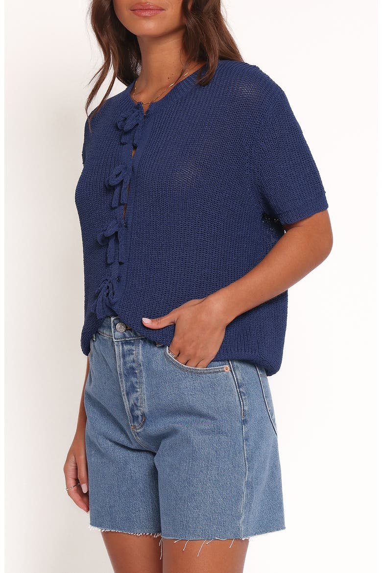 Gemma Bow Accent Short Sleeve Cardigan, Alternate, color, NAVY