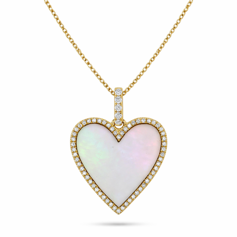 Heart Mother of Pearl & Round Diamond Pendant Necklace 14K