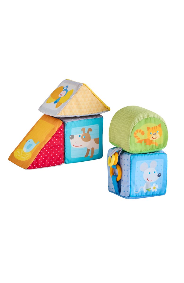 HABA Animal Soft Baby Blocks for 6-12 Months - 5 Geometric Shape Baby Sensory Toys with Rattle, Mirror, Squeaker & Crinkle Foil, Main, color, Multi