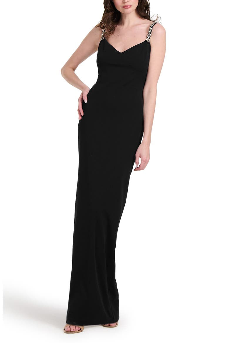 Crystal Flower Strap Stretch Crepe Gown, Alternate, color, BLACK